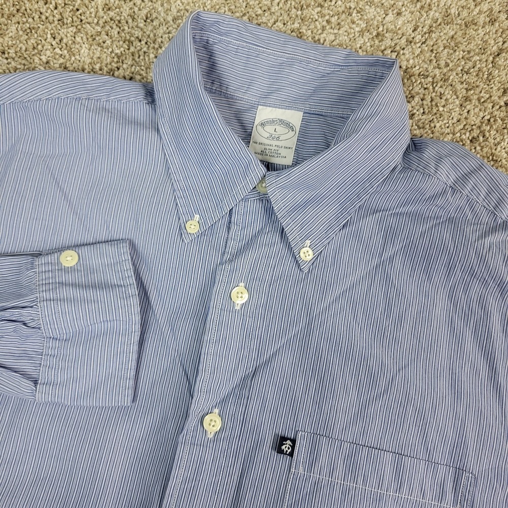 Brooks Brothers 346 Slim Fit Mens Large Blue Striped‎ Button Down Long Sleeve